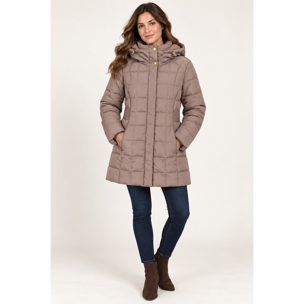 Cole Haan Signature Mauve Taupe Quilted Hooded Puffer Coat PM Down Blend Gold HW